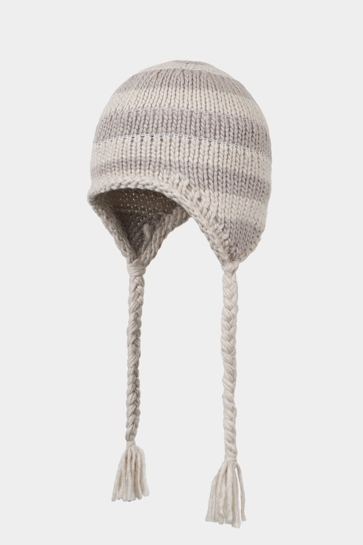 CROCHET STRIPE EAR FLAP BEANIE GREY