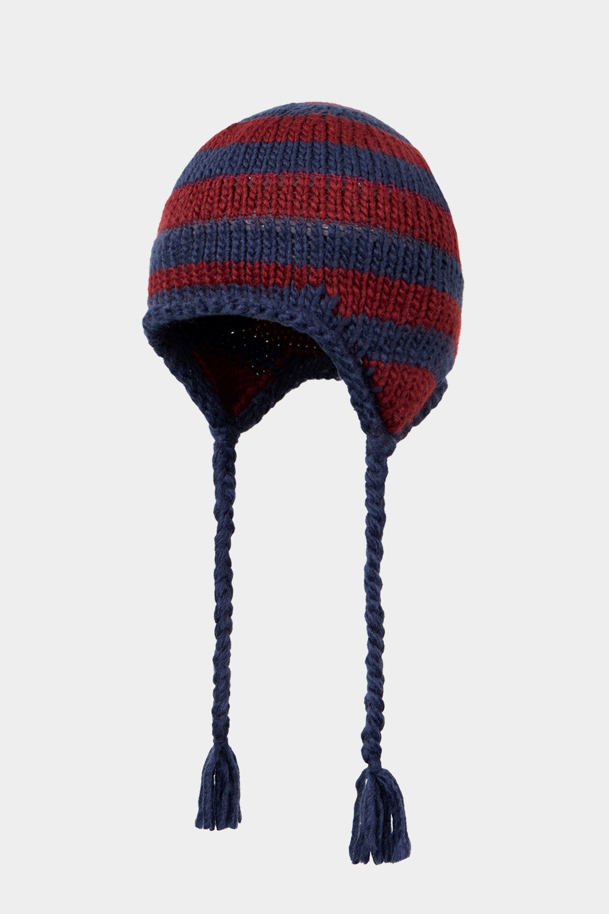 CROCHET STRIPE EAR FLAP BEANIE NAVY