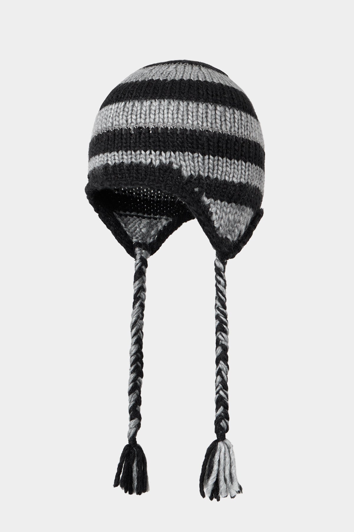 CROCHET STRIPE EAR FLAP BEANIE BLACK