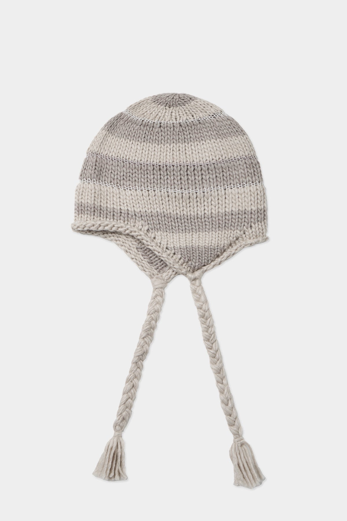 CROCHET STRIPE EAR FLAP BEANIE GREY
