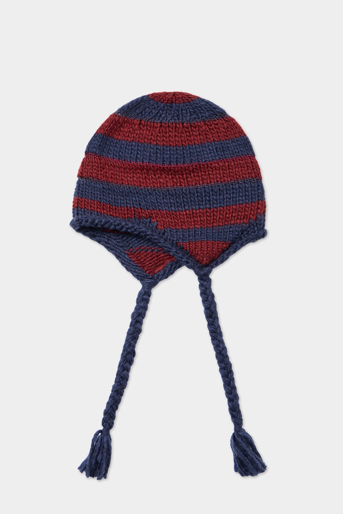 CROCHET STRIPE EAR FLAP BEANIE NAVY
