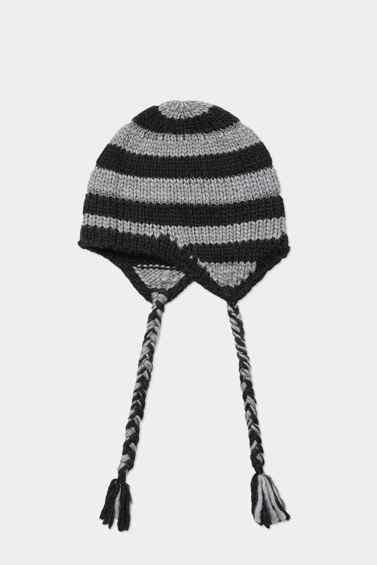 CROCHET STRIPE EAR FLAP BEANIE BLACK