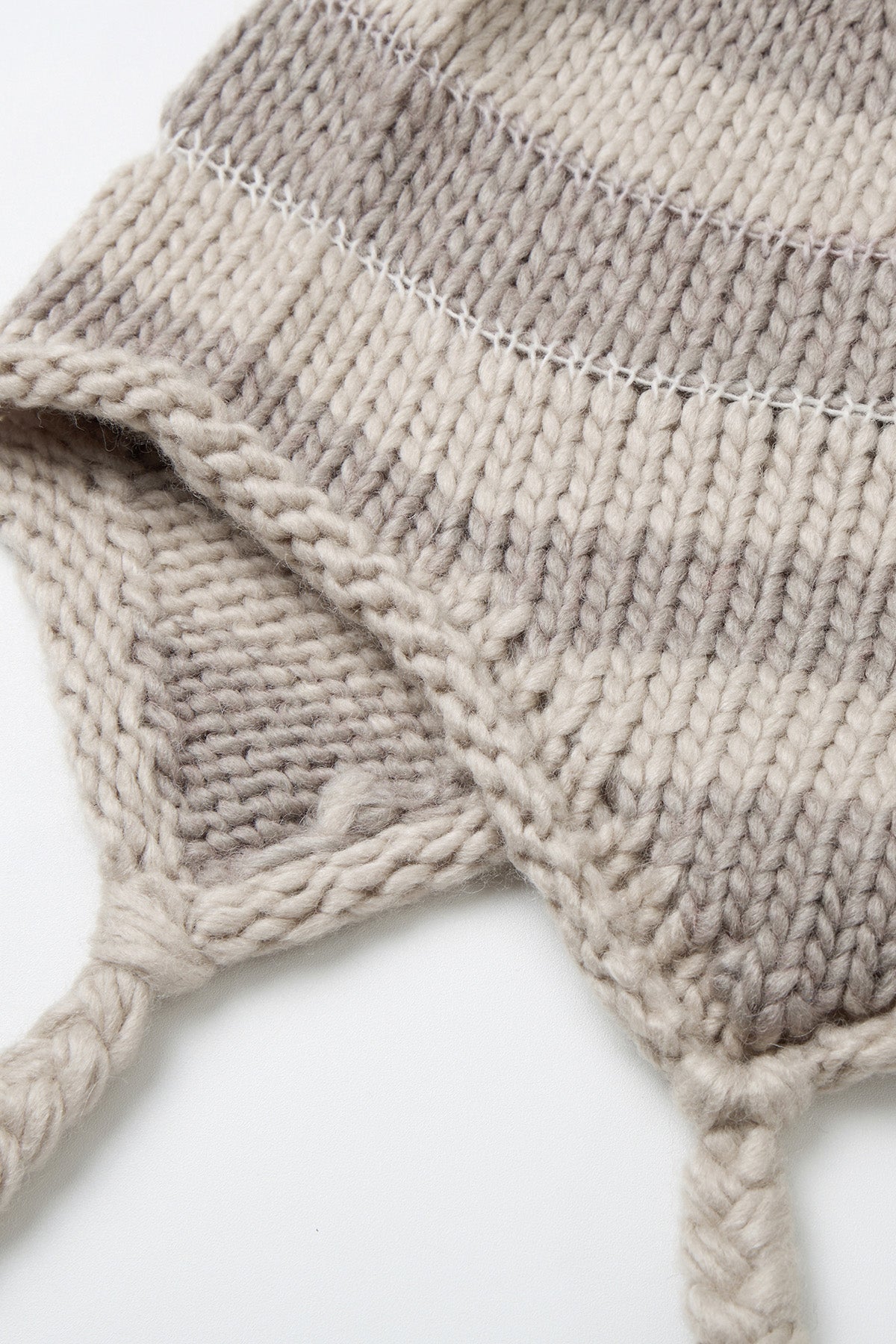 CROCHET STRIPE EAR FLAP BEANIE GREY