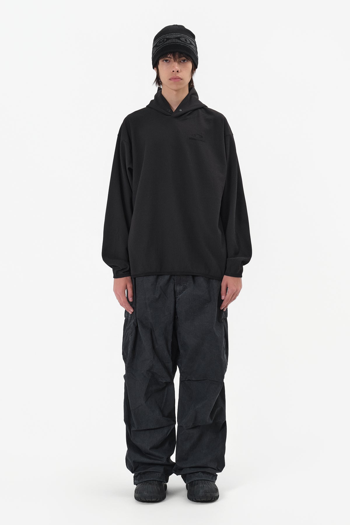 LIGHT WEIGHT WAFFLE HOODIE BLACK