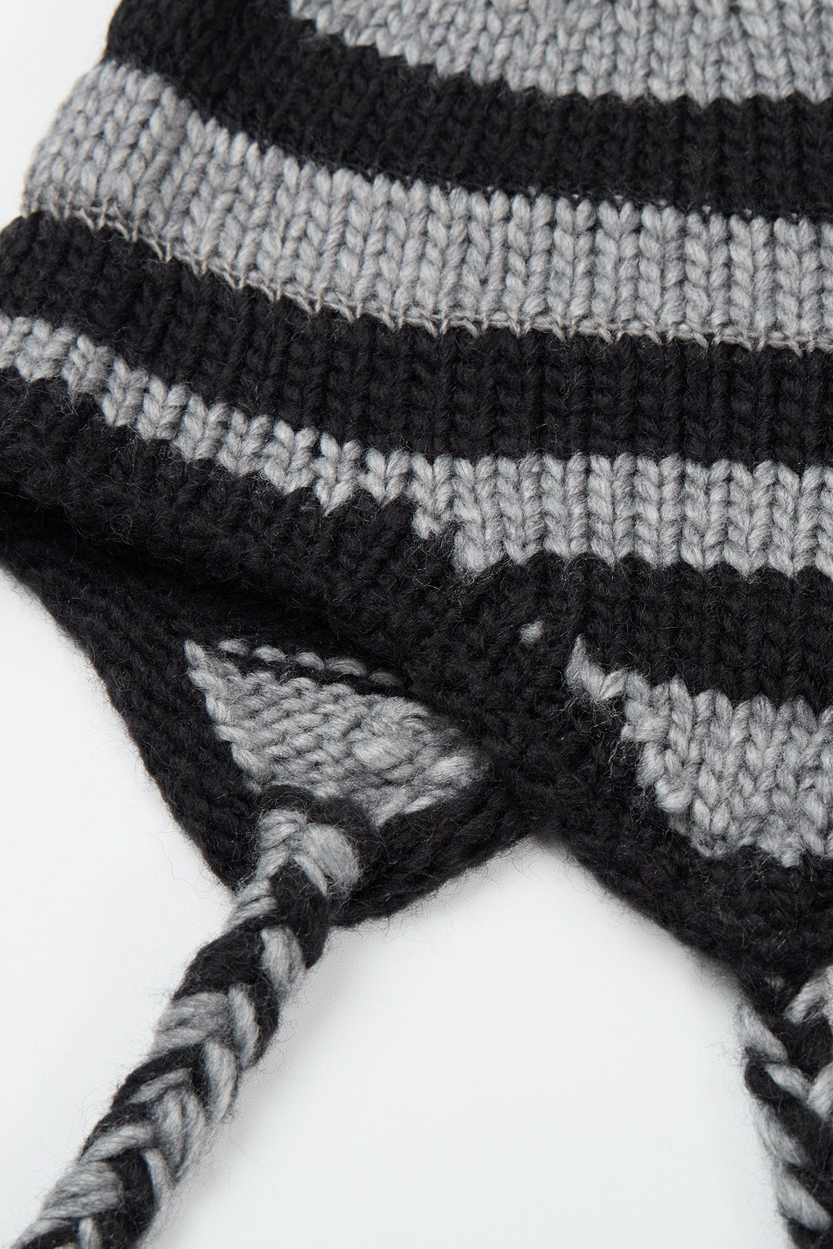 CROCHET STRIPE EAR FLAP BEANIE BLACK