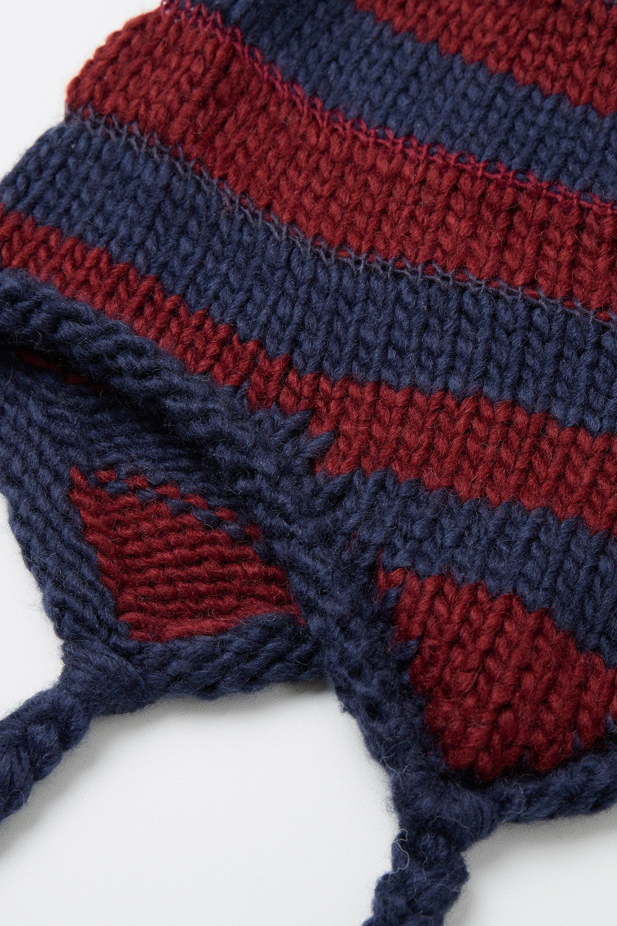 CROCHET STRIPE EAR FLAP BEANIE NAVY