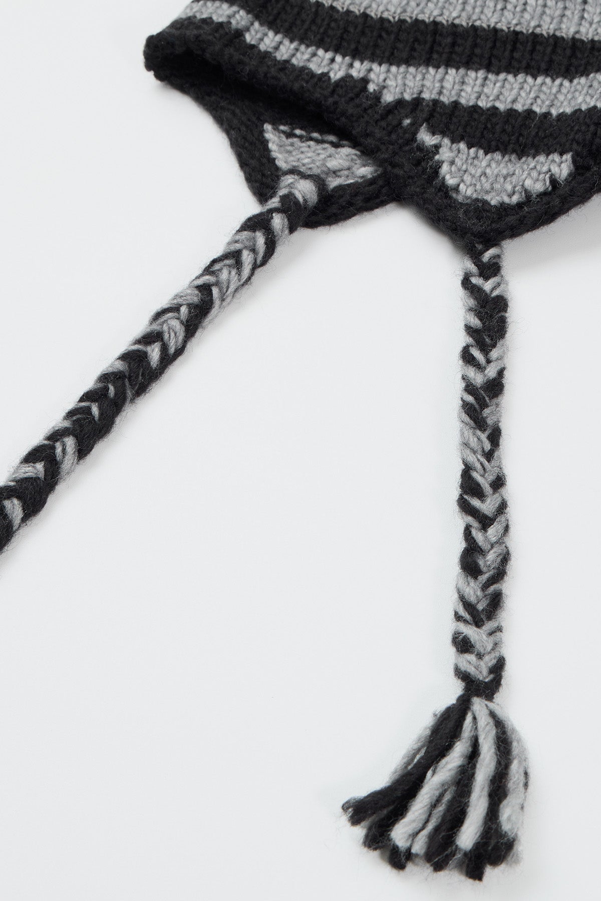 CROCHET STRIPE EAR FLAP BEANIE BLACK