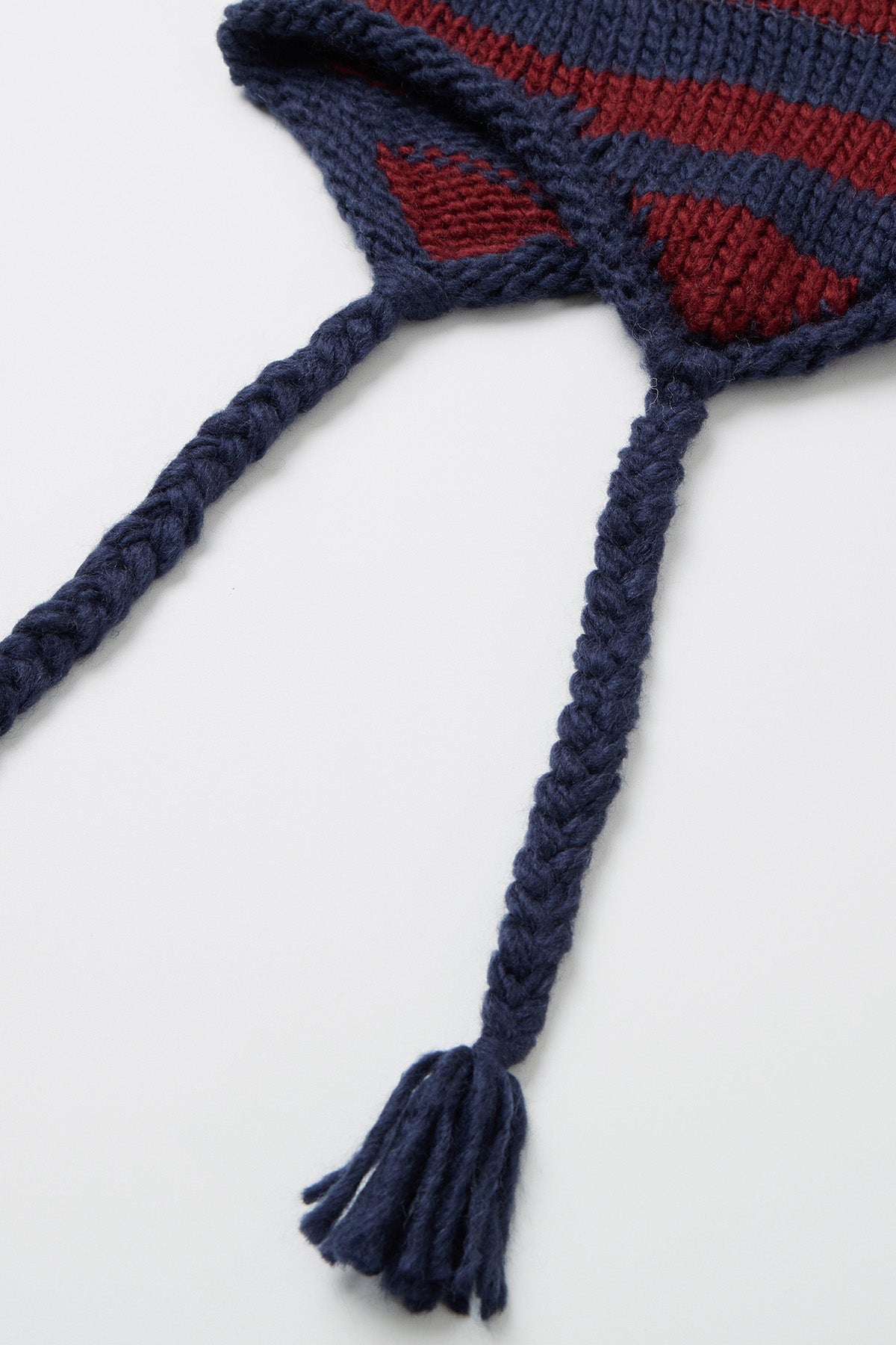 CROCHET STRIPE EAR FLAP BEANIE NAVY