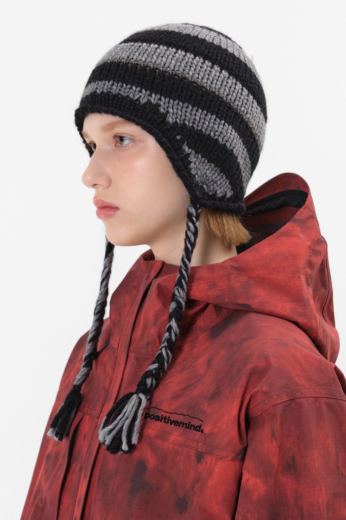 CROCHET STRIPE EAR FLAP BEANIE BLACK