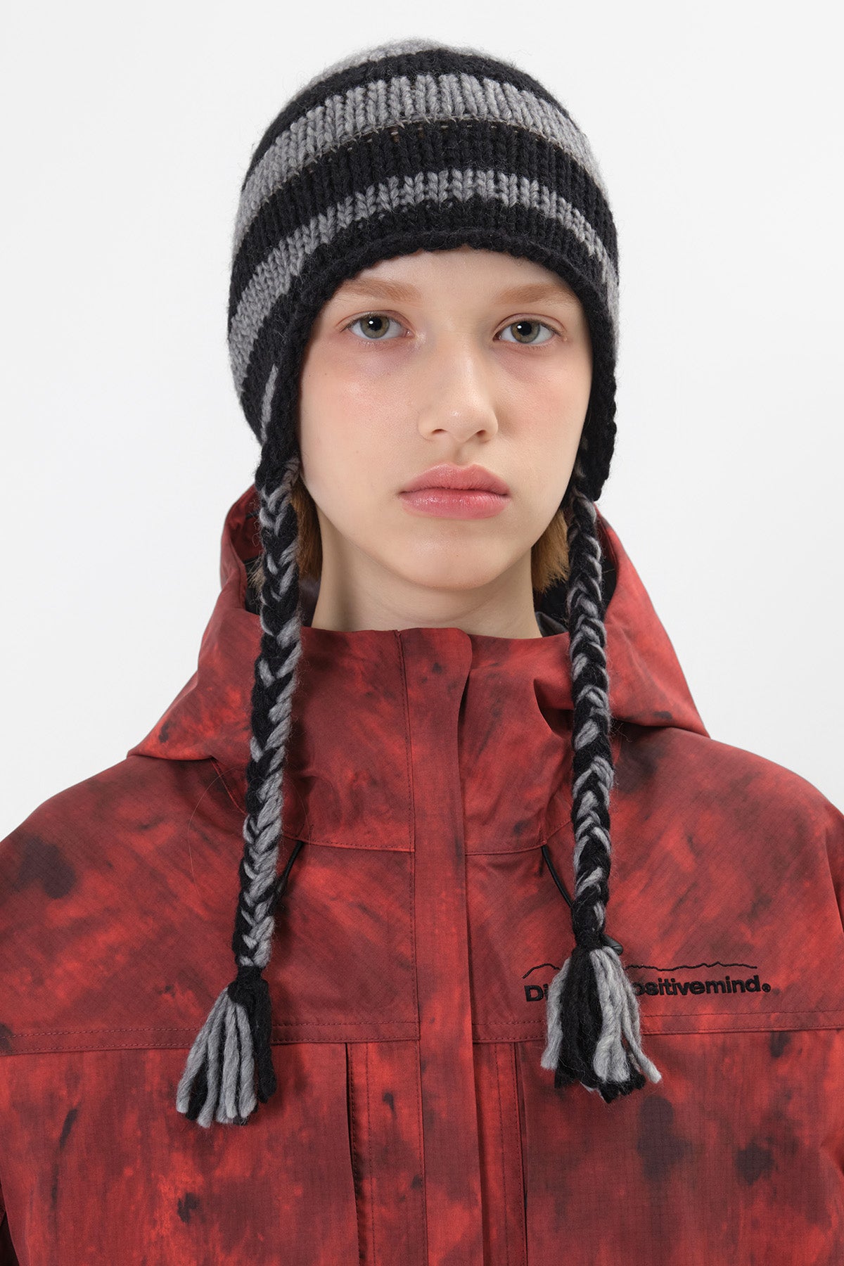 CROCHET STRIPE EAR FLAP BEANIE BLACK