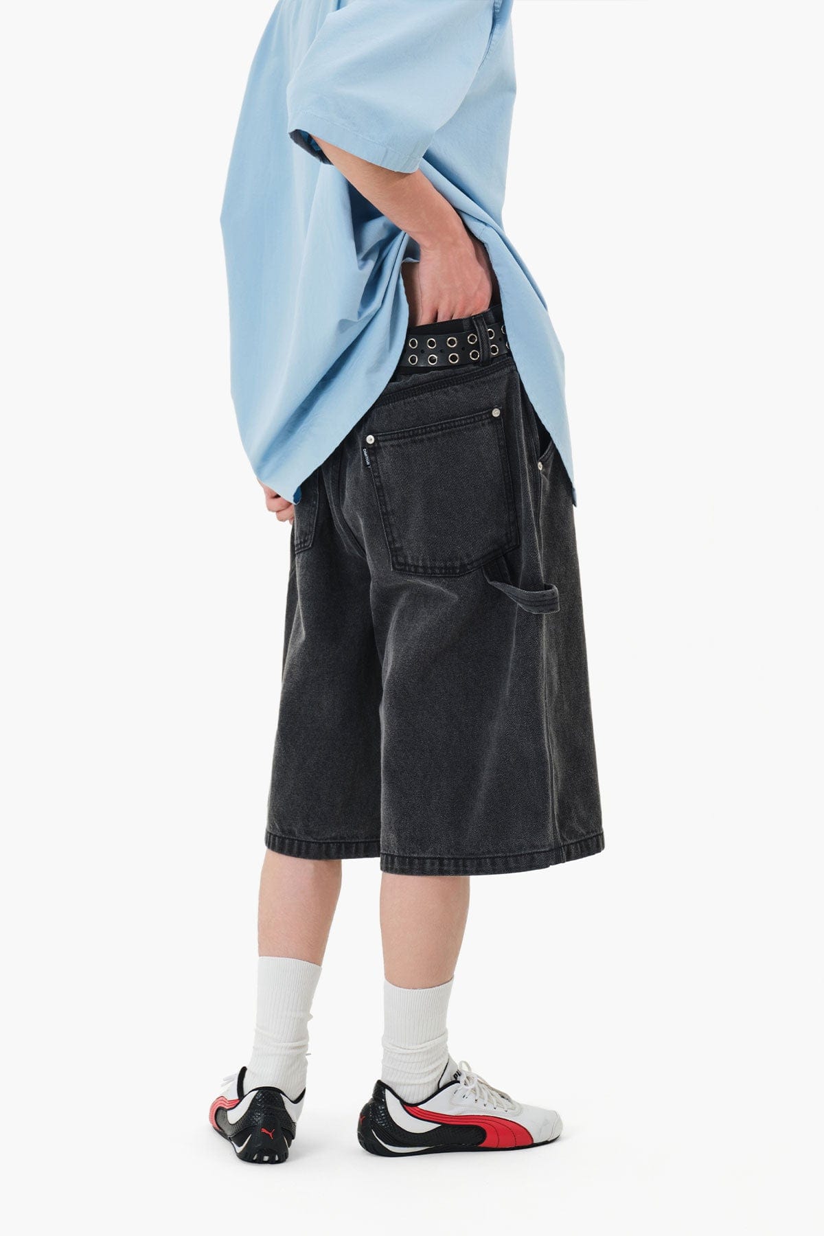 VERT CARPENTER DENIM SHORTS (LONG & LOOSE FIT) GREY