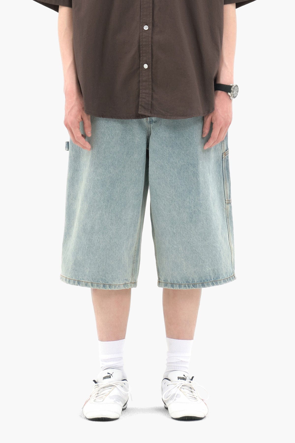 VERT CARPENTER DENIM SHORTS (LONG & LOOSE FIT) LIGHT BLUE