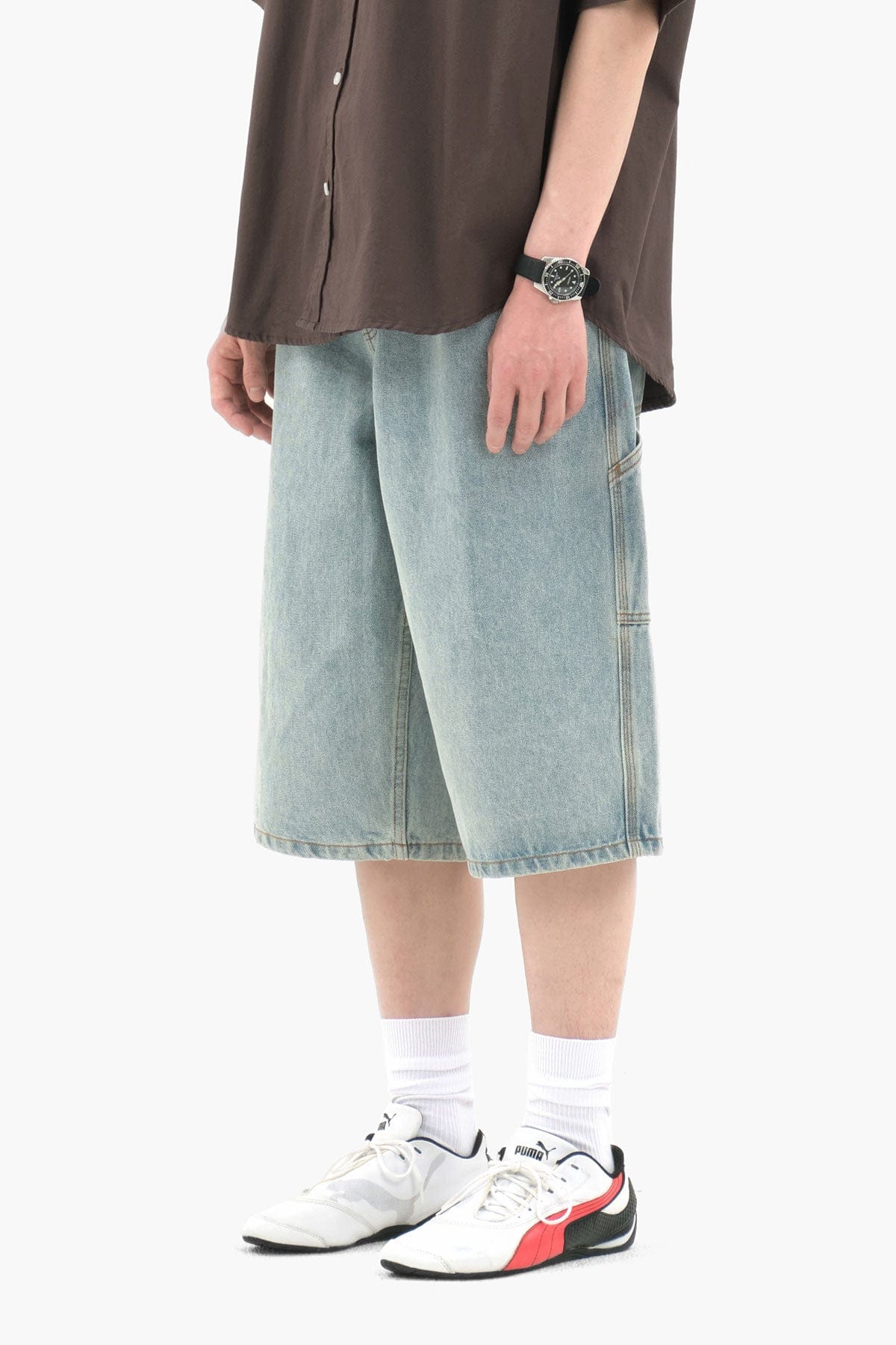 VERT CARPENTER DENIM SHORTS (LONG & LOOSE FIT) LIGHT BLUE