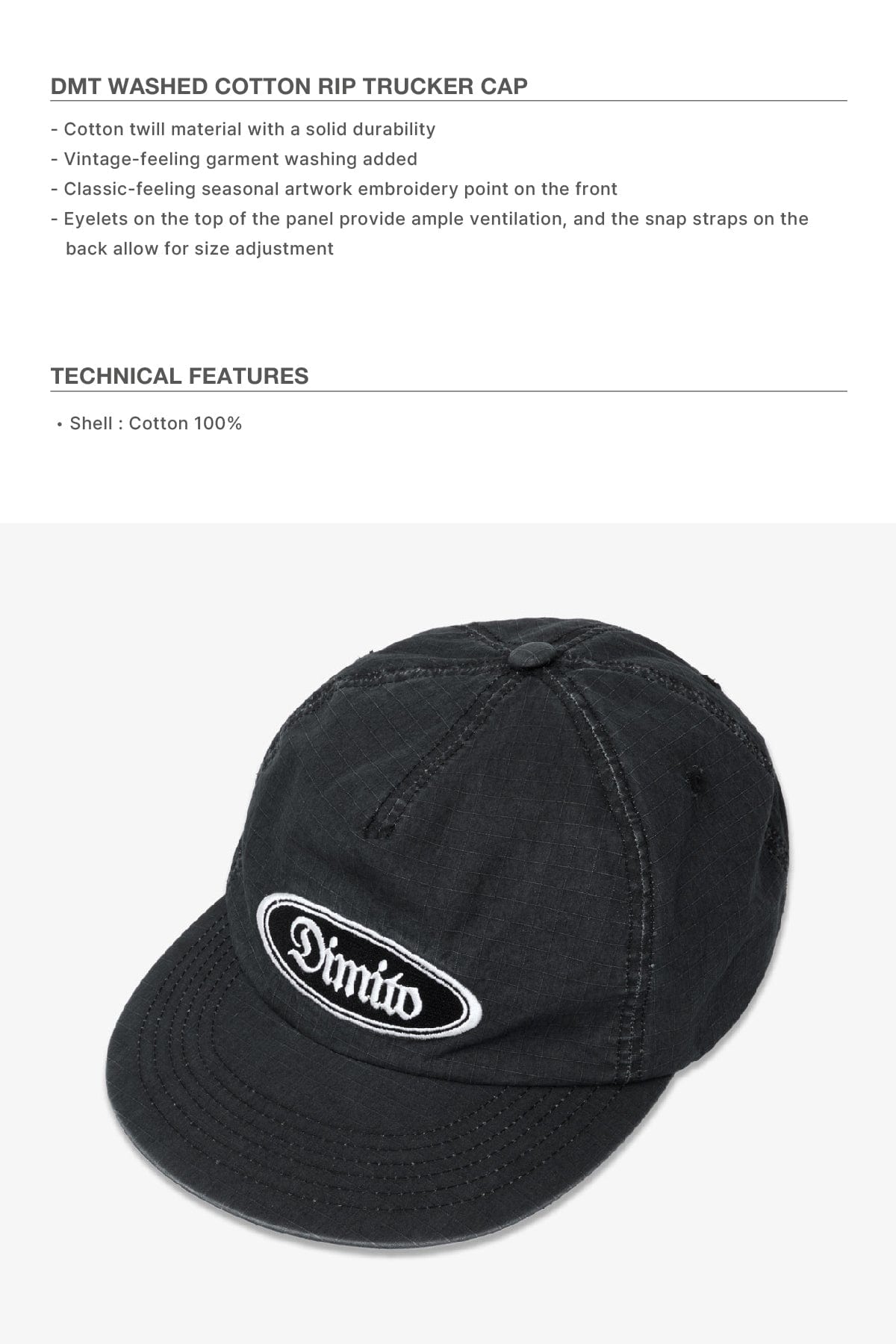 VERT ONE-SIZE DMT WASHED COTTON RIP TRUCKER CAP WASHED BLACK