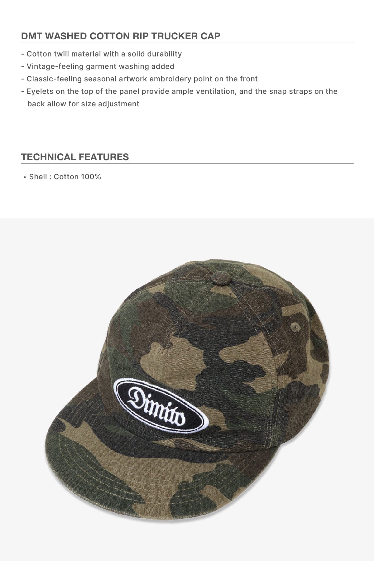 VERT ONE-SIZE DMT WASHED COTTON RIP TRUCKER CAP WASHED CAMO