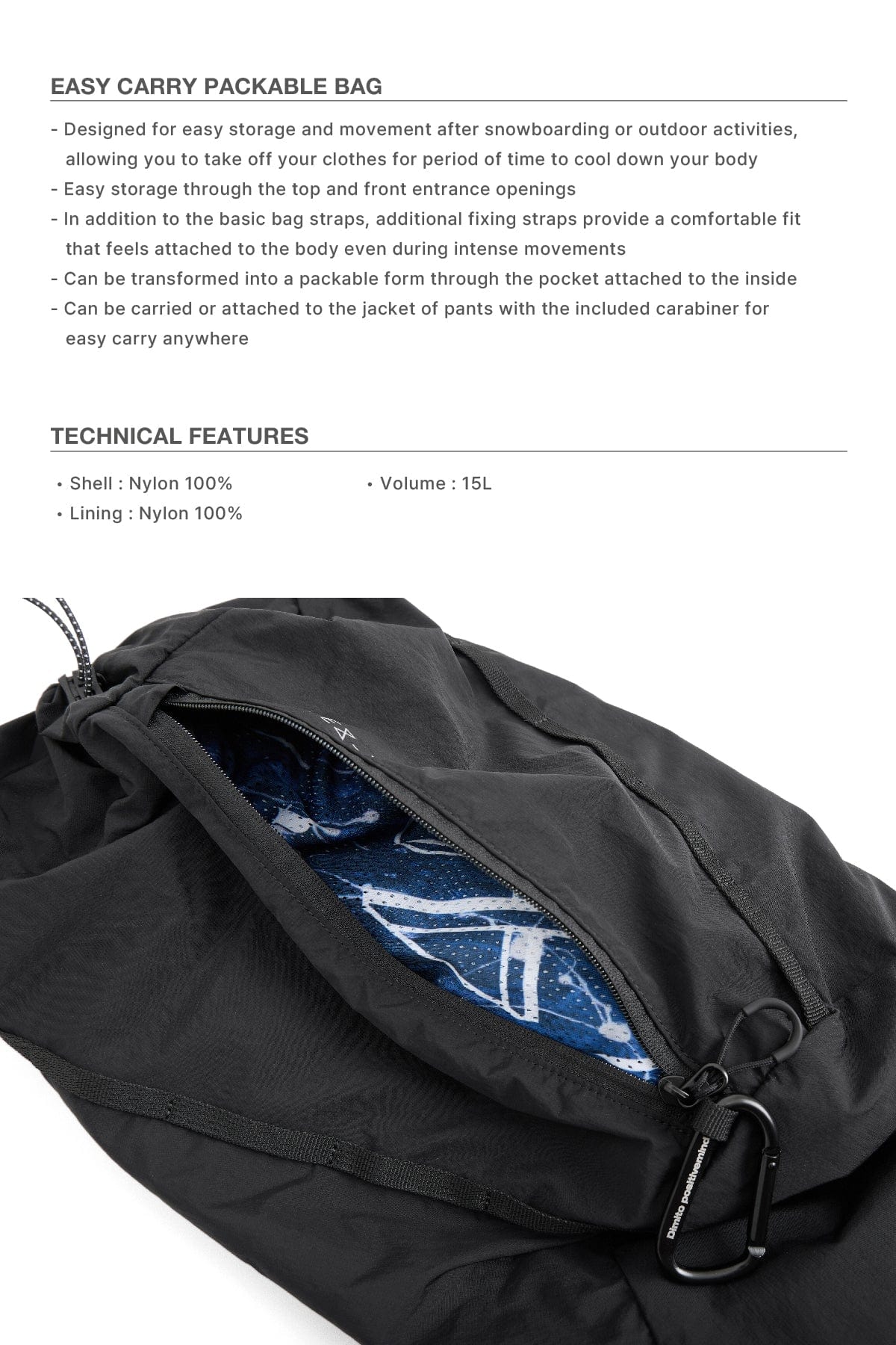 VERT ONE-SIZE EASY CARRY PACKABLE BAG BLACK