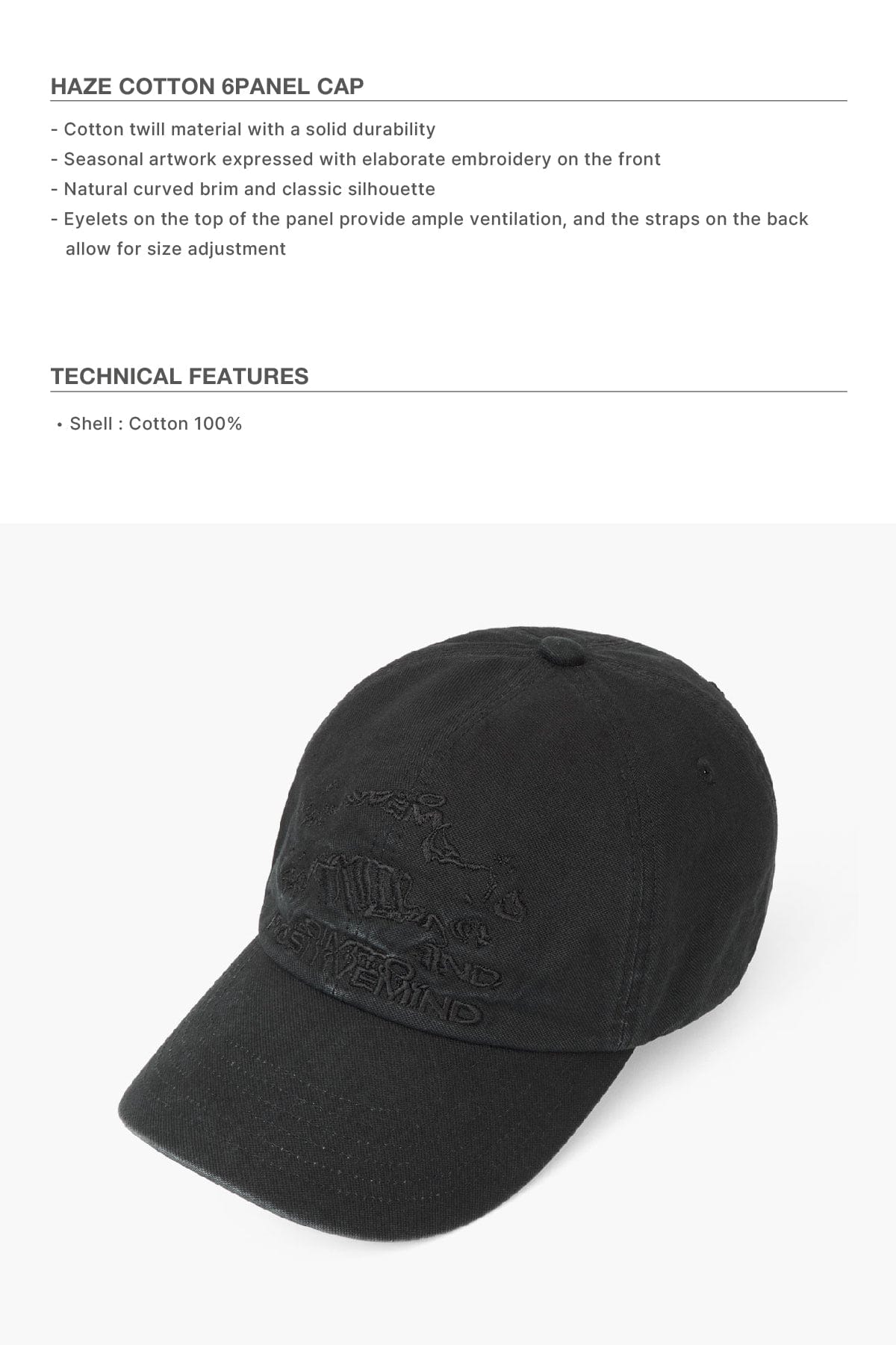 VERT ONE-SIZE HAZE COTTON 6PANEL CAP WASHED BLACK