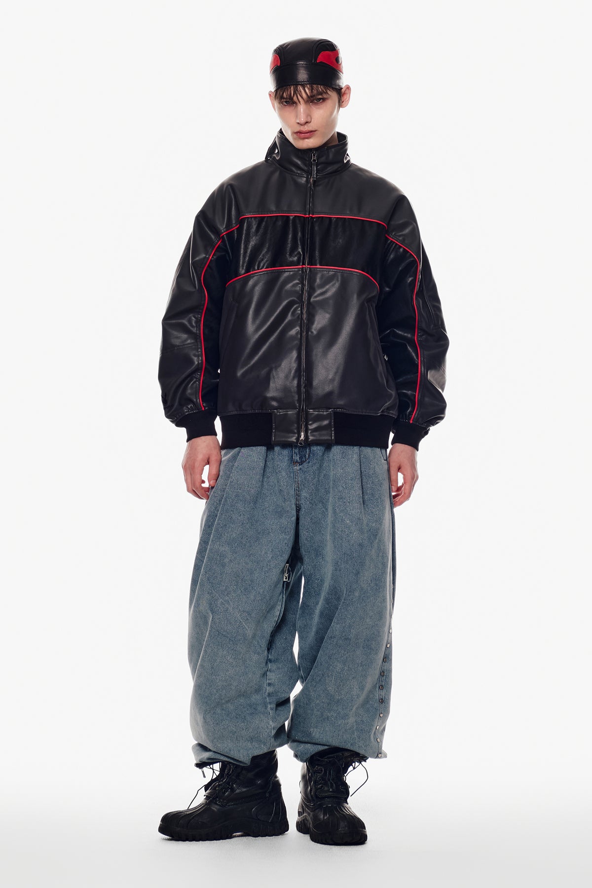 [PLAYBOY x DIMITO] BLOCK FAUX LEATHER JACKET CEMENT GREY