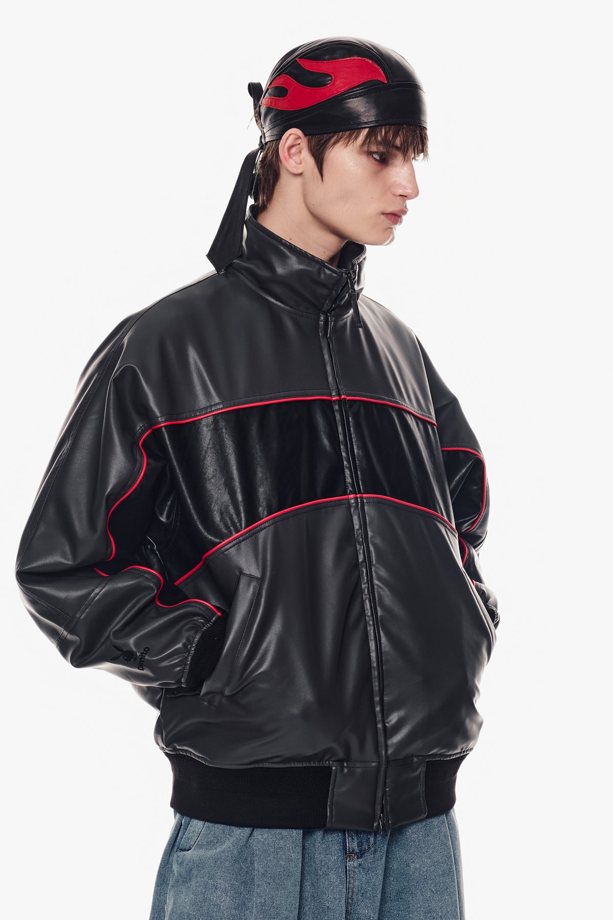 [PLAYBOY x DIMITO] BLOCK FAUX LEATHER JACKET CEMENT GREY