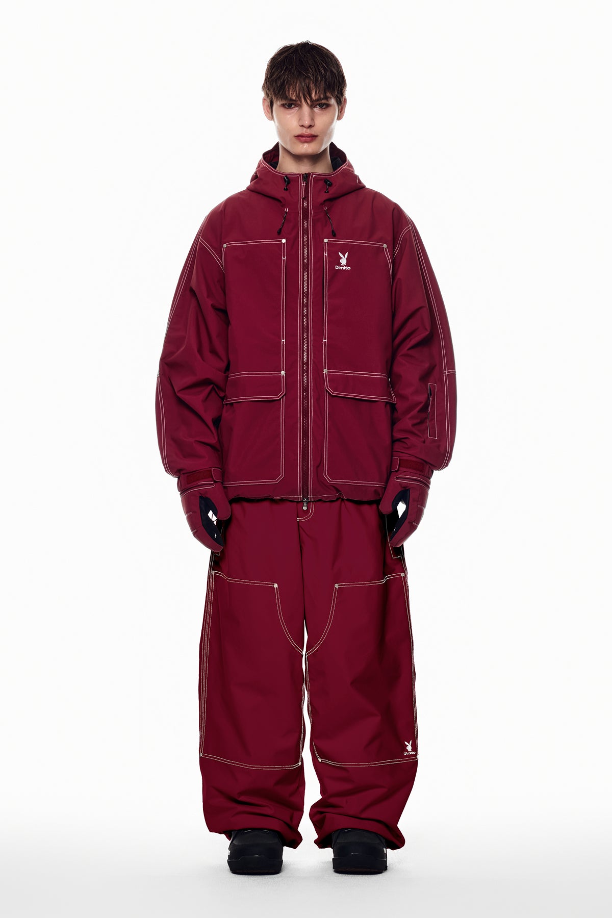 [PLAYBOY x DIMITO] DOUBLE KNEE PANTS (WIDE FIT LV.2) DARK RED