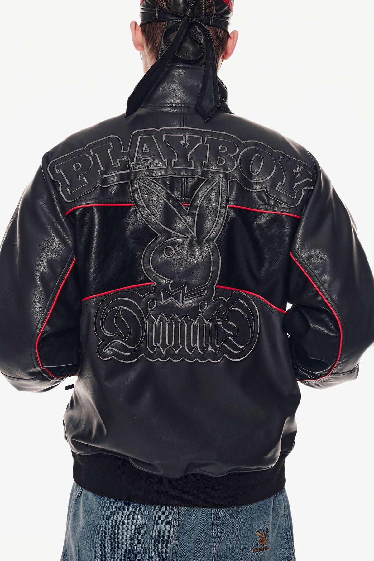 [PLAYBOY x DIMITO] BLOCK FAUX LEATHER JACKET CEMENT GREY