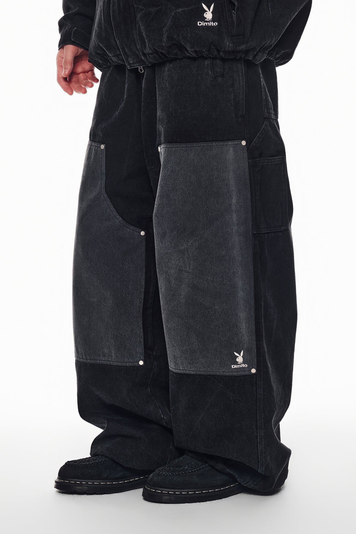 [PLAYBOY x DIMITO] DOUBLE KNEE DENIM PANTS (WIDE FIT LV.2) WASHED BLACK