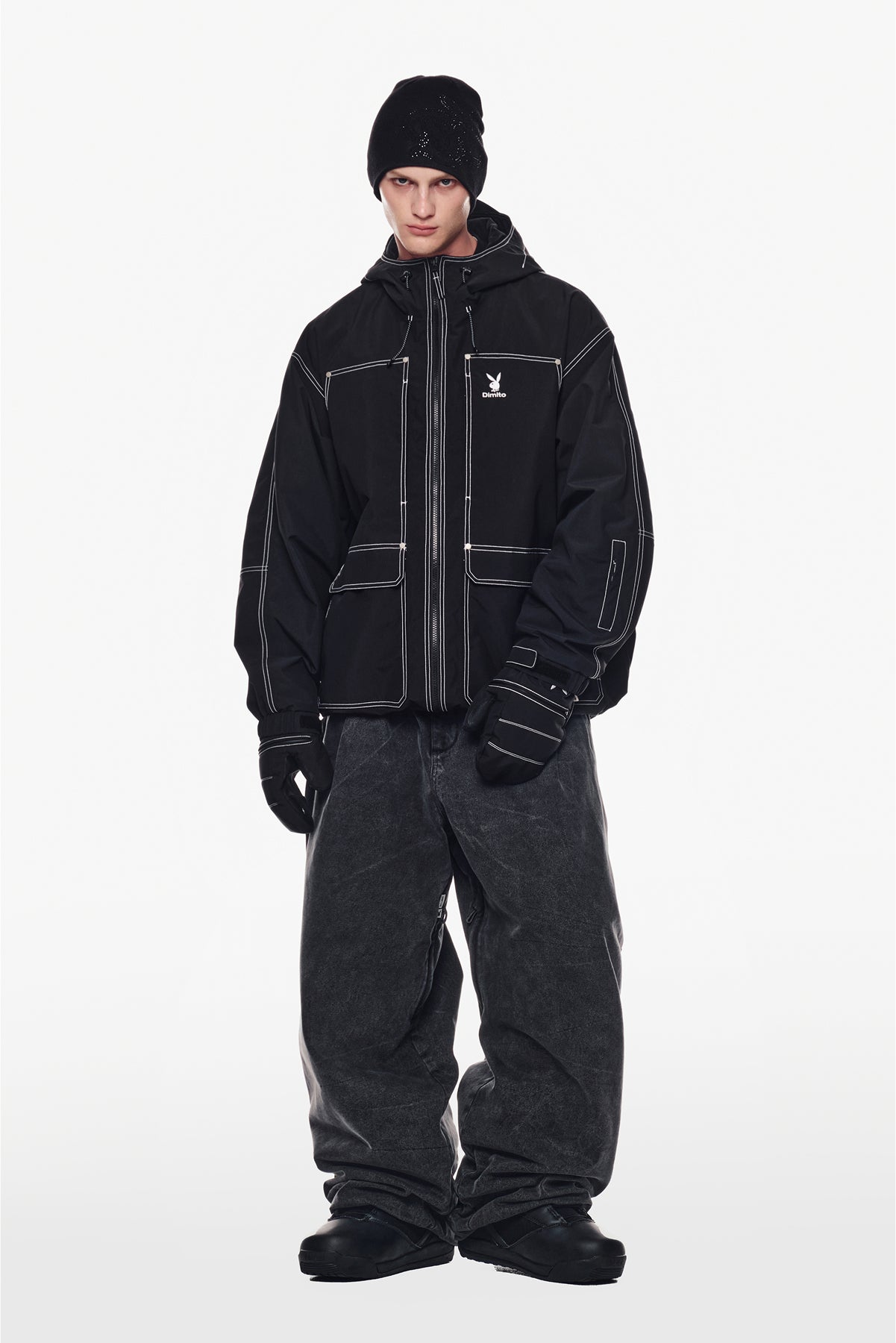 [PLAYBOY x DIMITO] STUD LINE OG DENIM PANTS (WIDE FIT LV.2) WASHED GREY