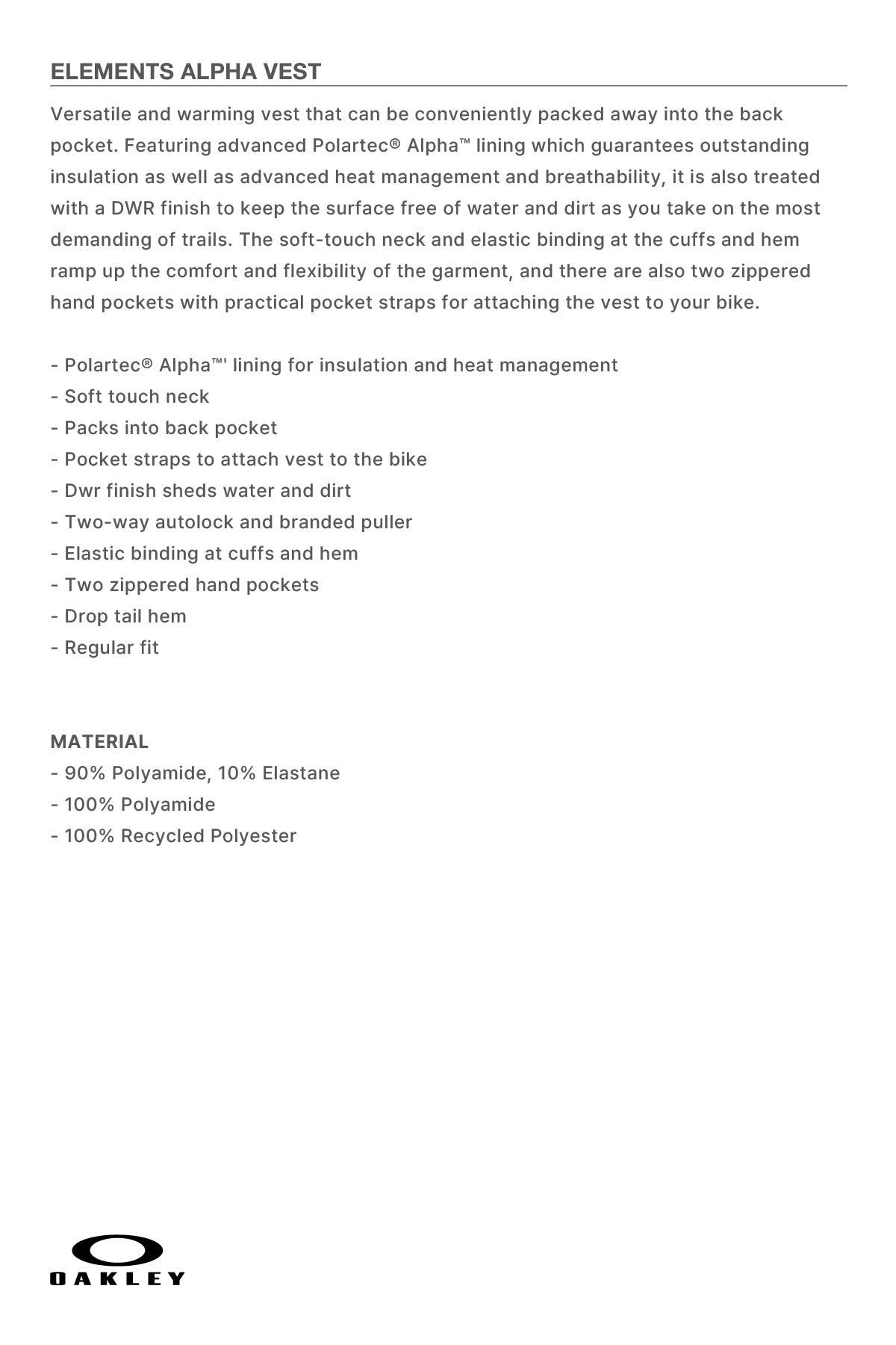 [OAKLEY] ELEMENTS ALPHA VEST ARMY GREEN/NEW BALSAM