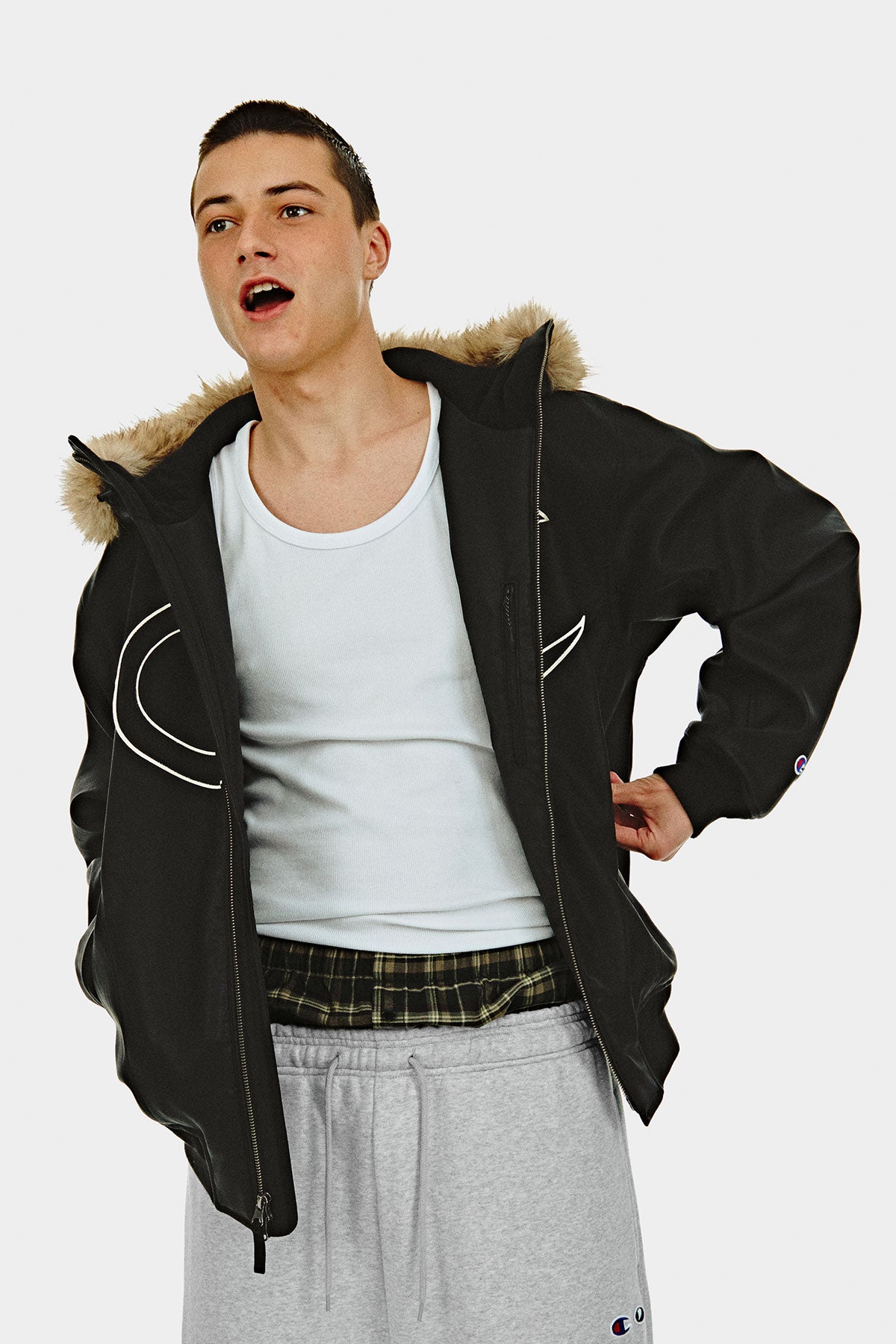 [CHAMPION x DIMITO] GIANT C-LOGO BOMBER JACKET FAUX LEATHER BLACK (Available date : 26.10.12)