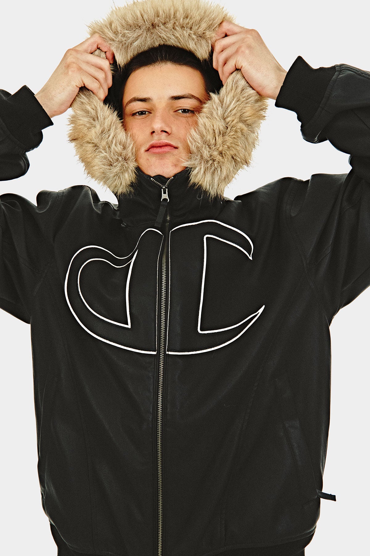 [CHAMPION x DIMITO] GIANT C-LOGO BOMBER JACKET FAUX LEATHER BLACK (Available date : 26.10.12)