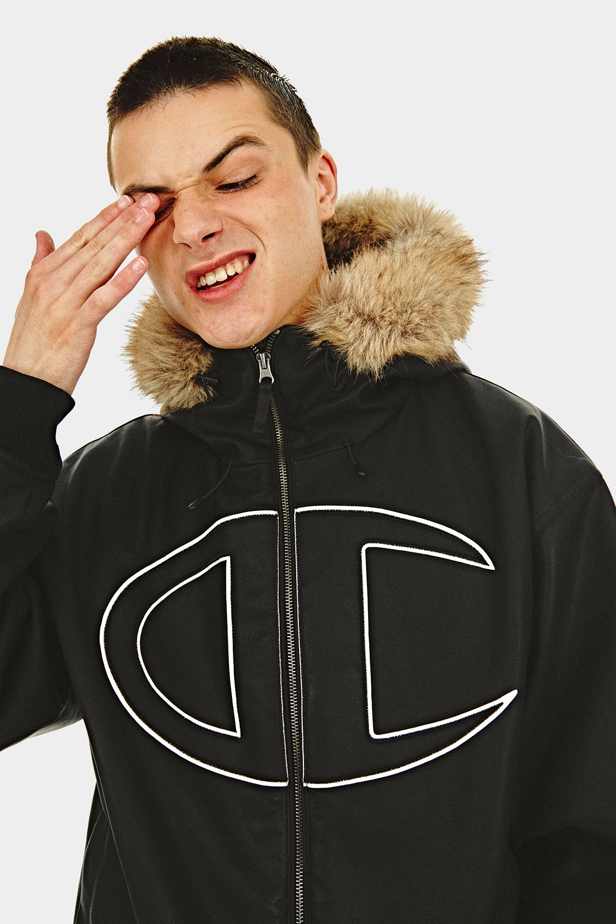 [CHAMPION x DIMITO] GIANT C-LOGO BOMBER JACKET FAUX LEATHER BLACK (Available date : 26.10.12)