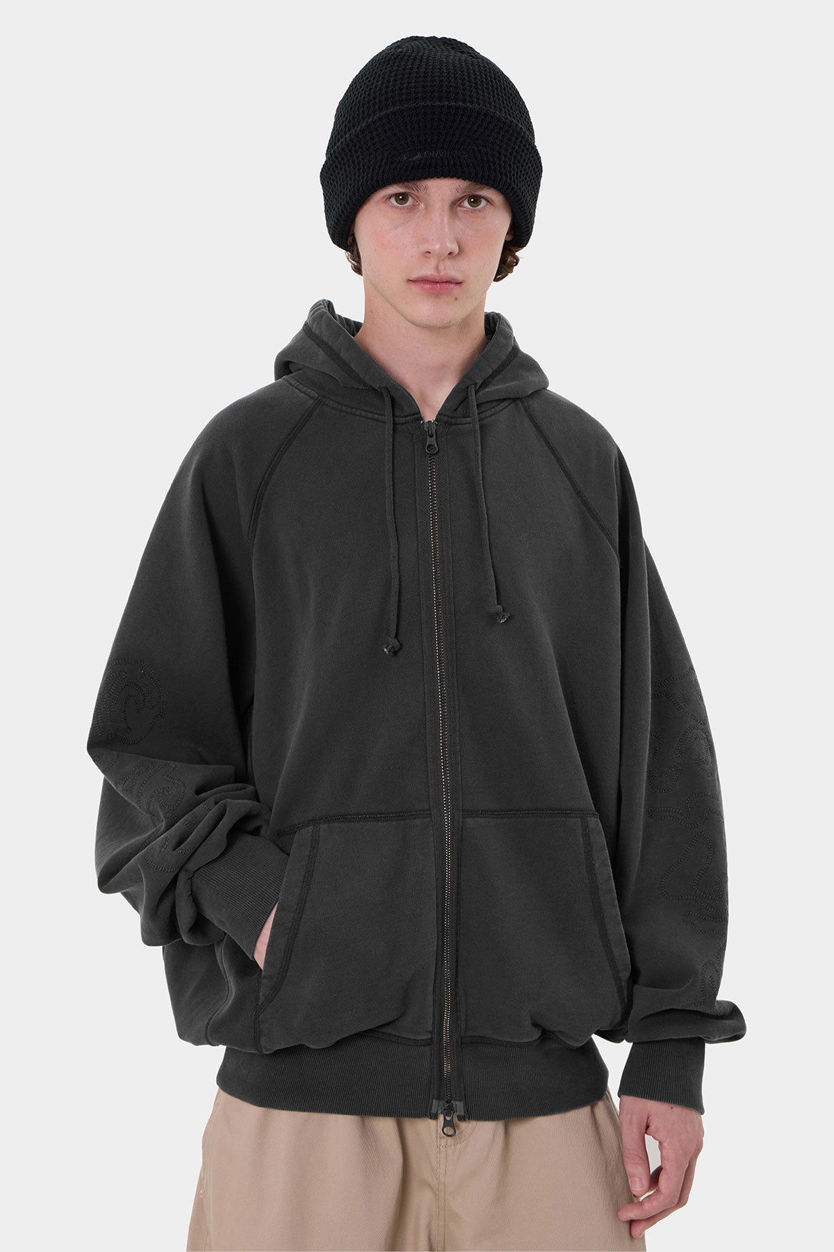 OVERLOCK ZIP-UP GD HOODIE WASHED BLACK