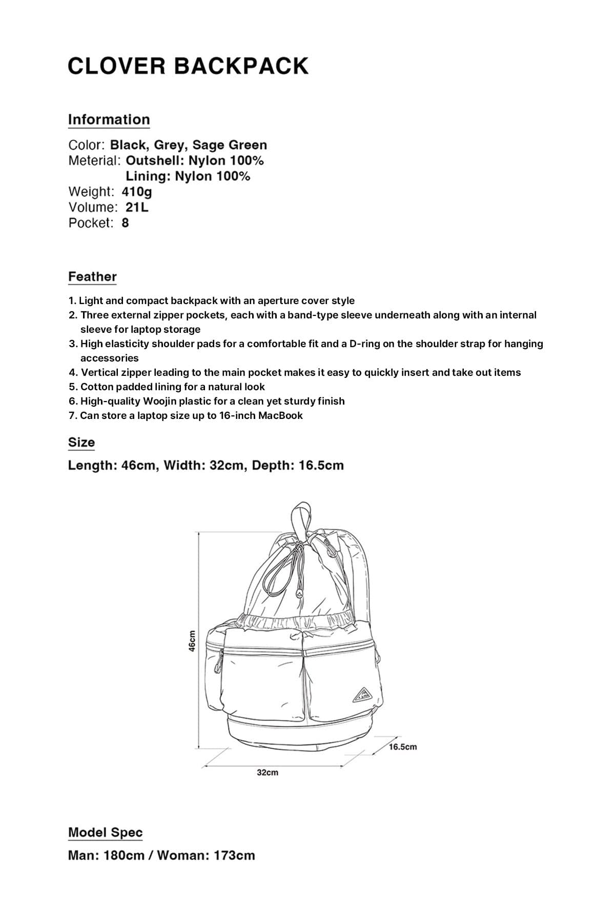 POINTED ONE-SIZE [FOUND POCKET] CLOVER BACKPACK GREY