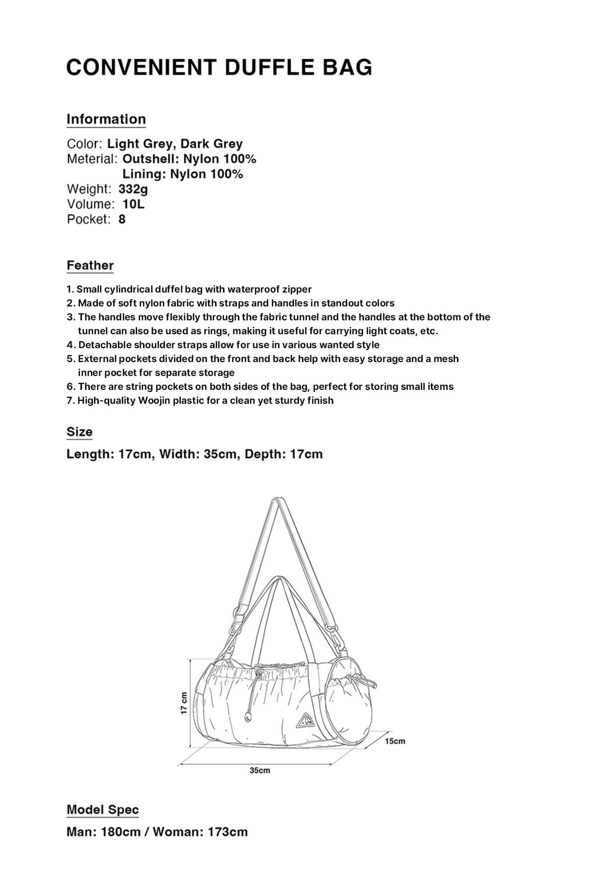 POINTED ONE-SIZE [FOUND POCKET] CONVENIENT DUFFLE BAG LIGHT GREY