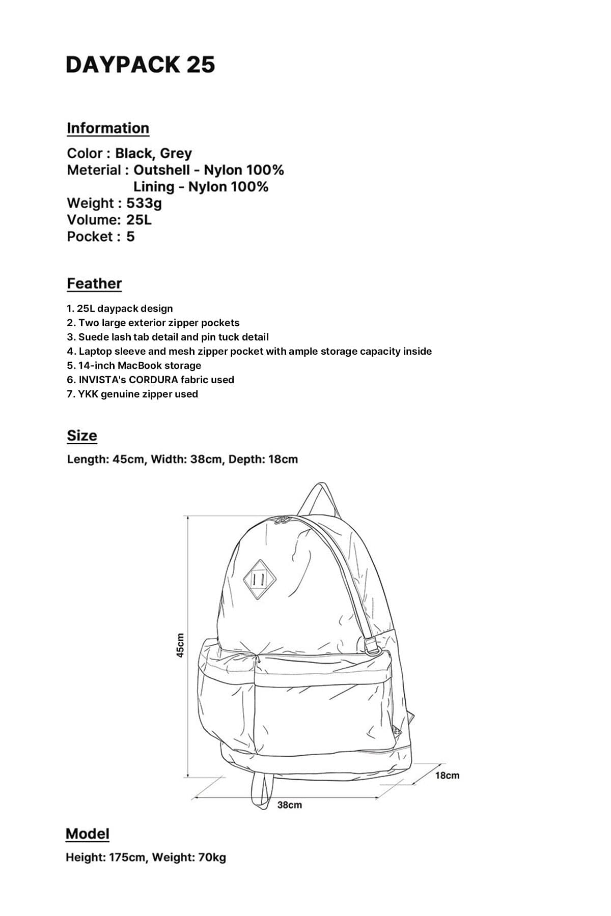 POINTED ONE-SIZE [FOUND POCKET] DAYPACK 25 GREY