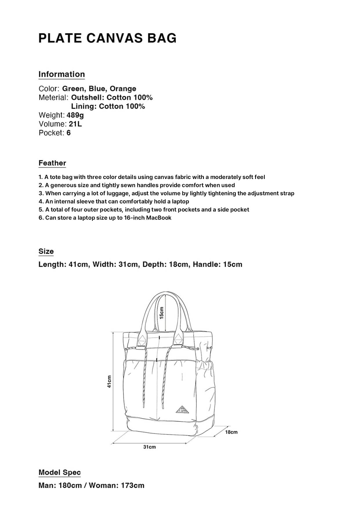 POINTED ONE-SIZE [FOUND POCKET] PLATE CANVAS BAG ORANGE