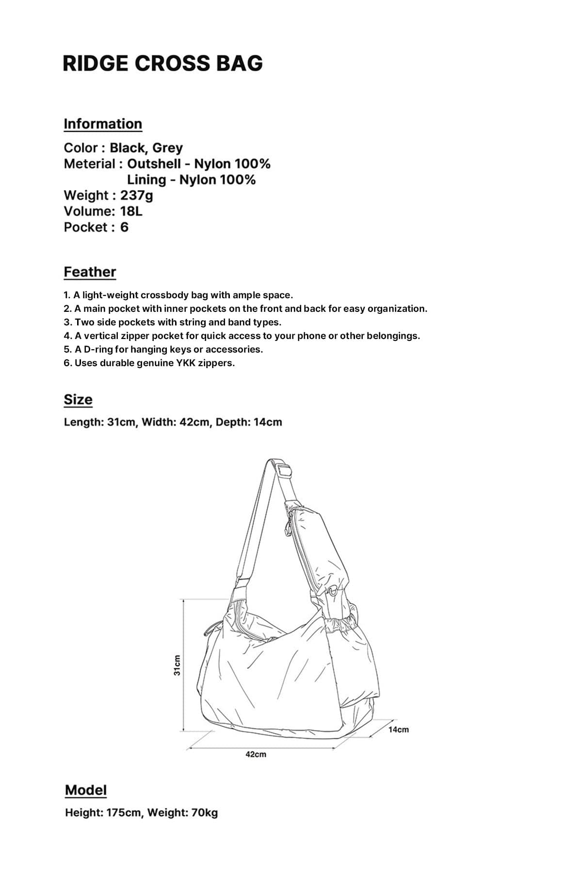 POINTED ONE-SIZE [FOUND POCKET] RIDGE CROSS BAG BLACK