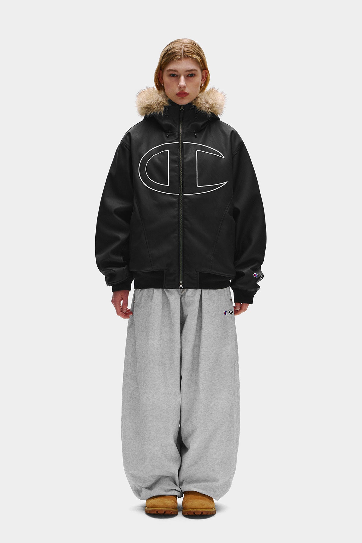[CHAMPION x DIMITO] GIANT C-LOGO BOMBER JACKET FAUX LEATHER BLACK (Available date : 26.10.12)