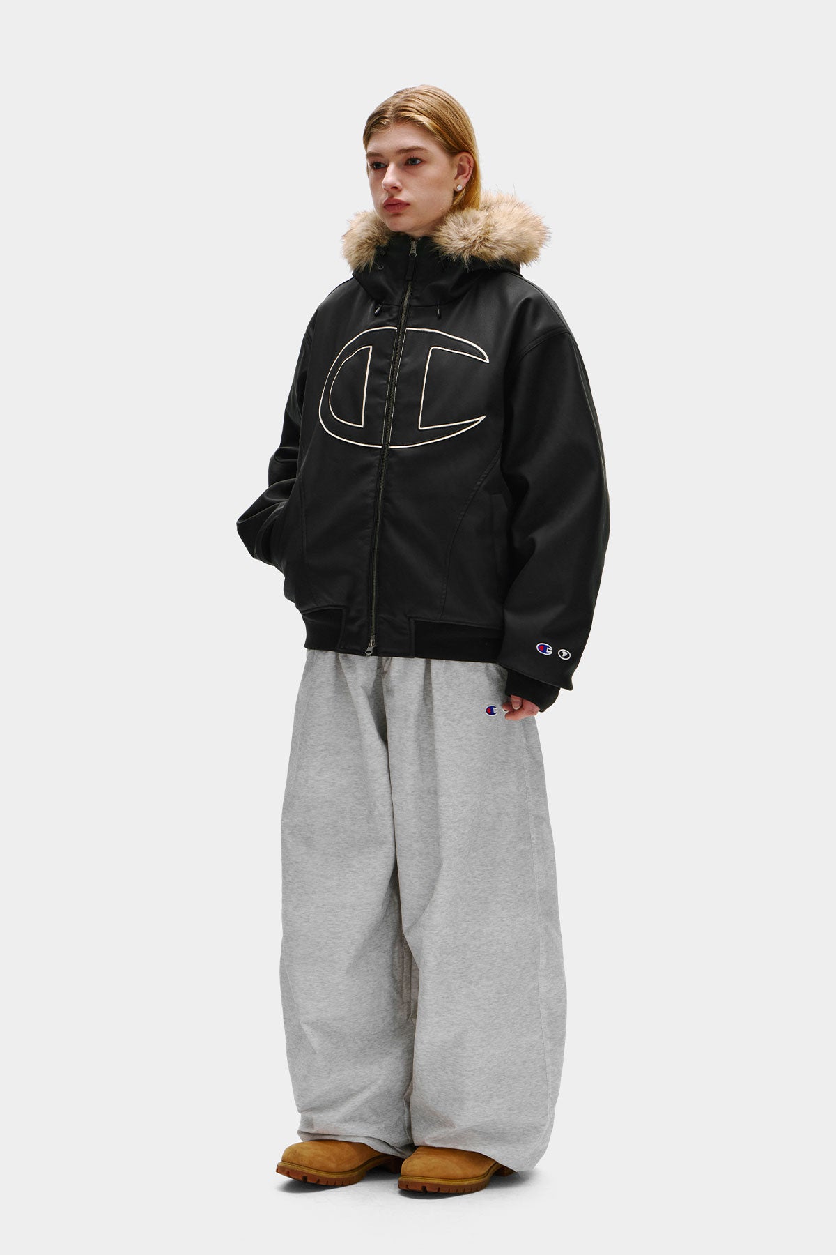 [CHAMPION x DIMITO] GIANT C-LOGO BOMBER JACKET FAUX LEATHER BLACK (Available date : 26.10.12)