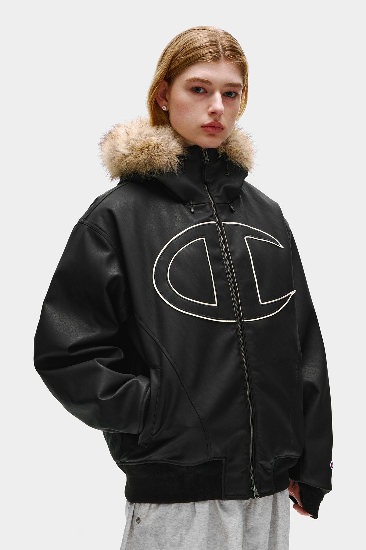 [CHAMPION x DIMITO] GIANT C-LOGO BOMBER JACKET FAUX LEATHER BLACK (Available date : 26.10.12)