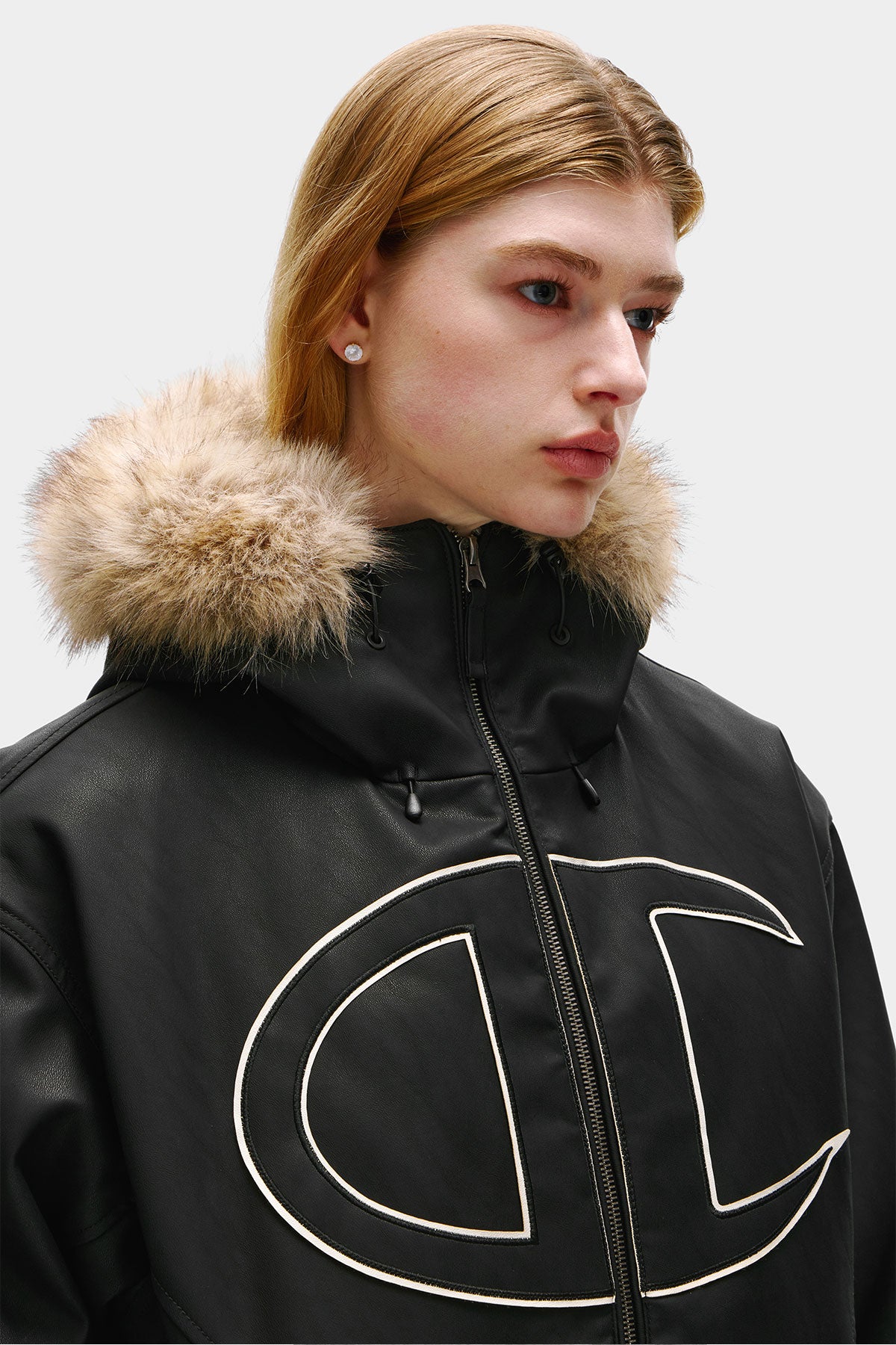 [CHAMPION x DIMITO] GIANT C-LOGO BOMBER JACKET FAUX LEATHER BLACK (Available date : 26.10.12)