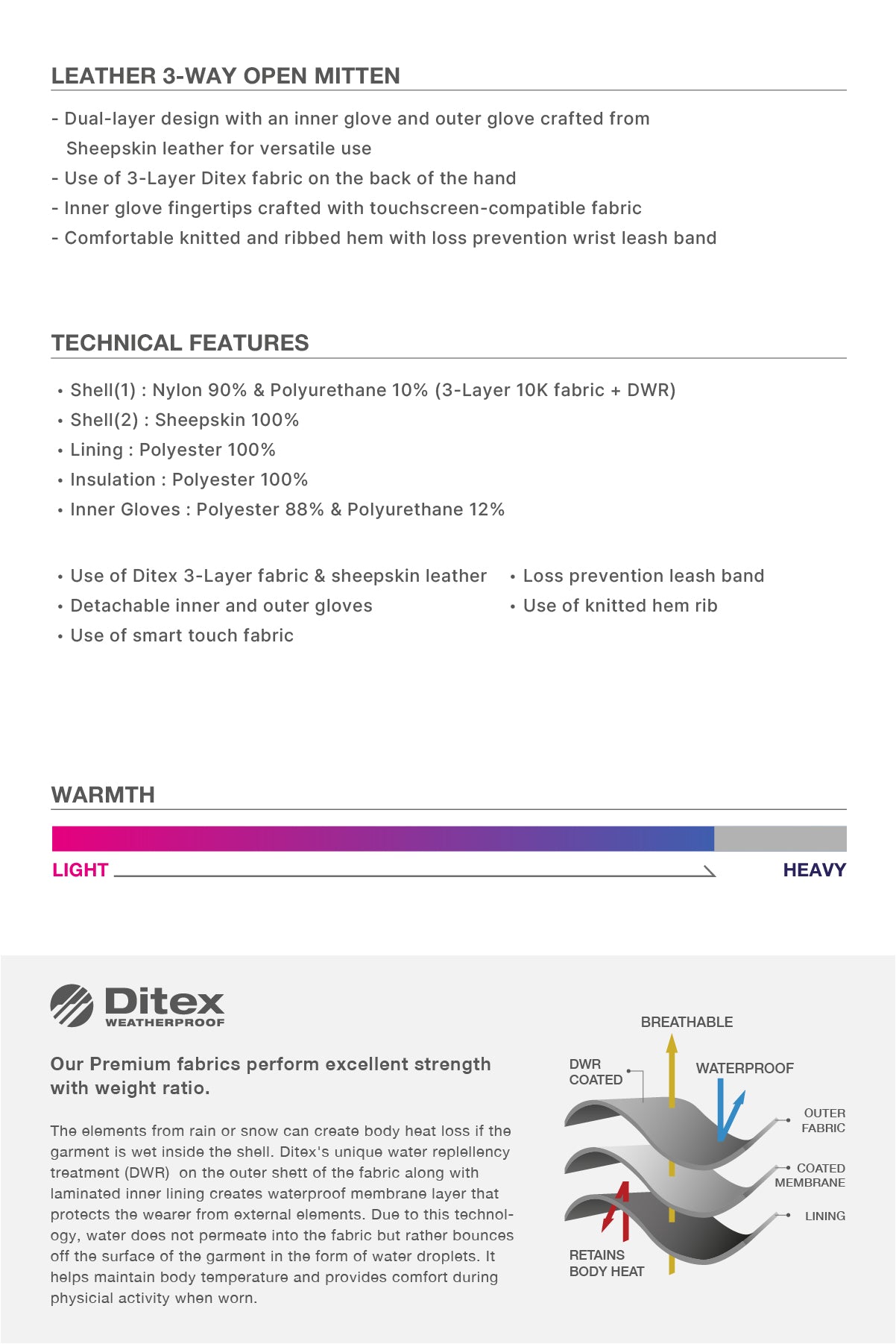 VERT LEATHER 3-WAY OPEN MITTEN COOL GREY