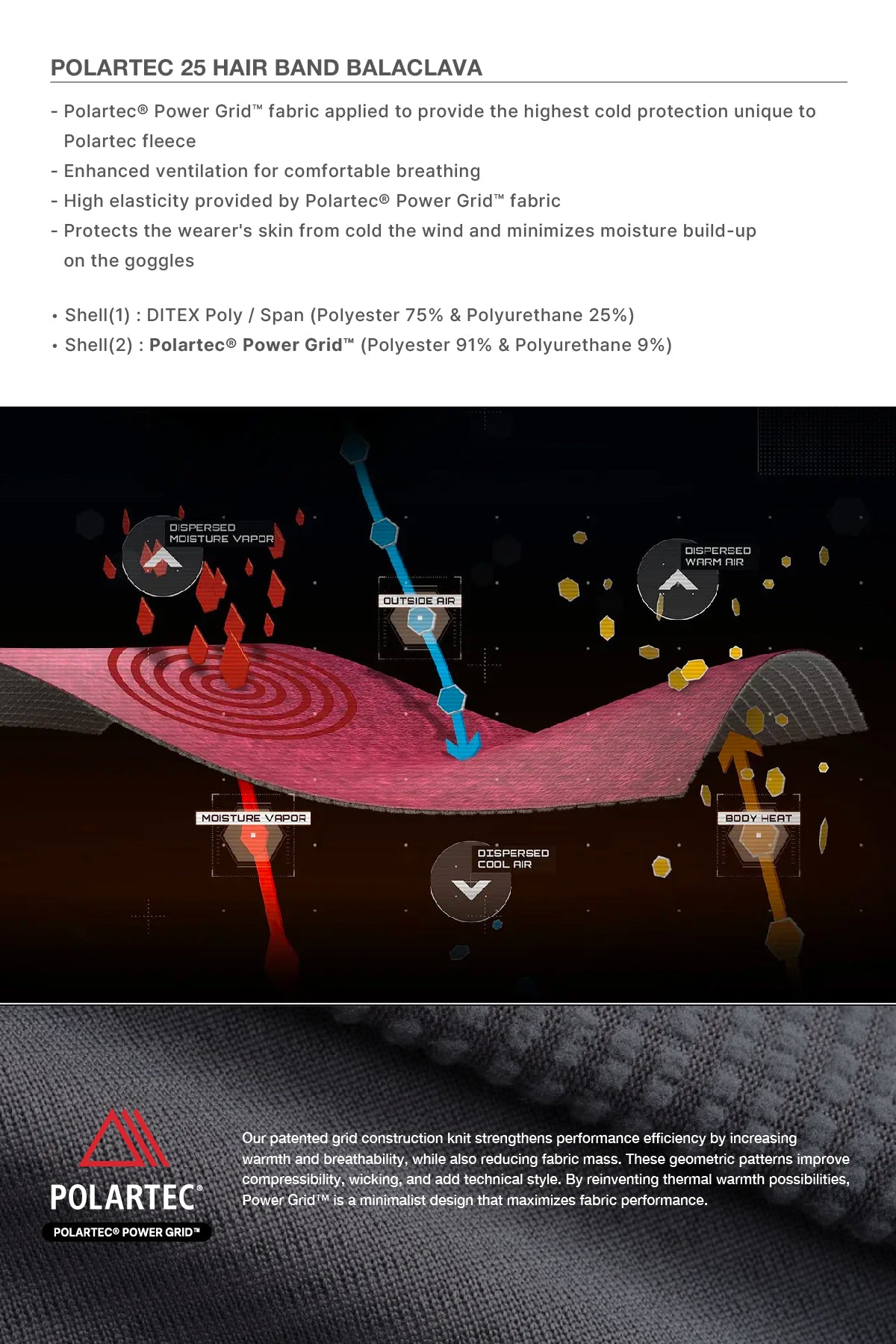 VERT ONE-SIZE 25 POLARTEC HAIR BAND BALACLAVA BLACK