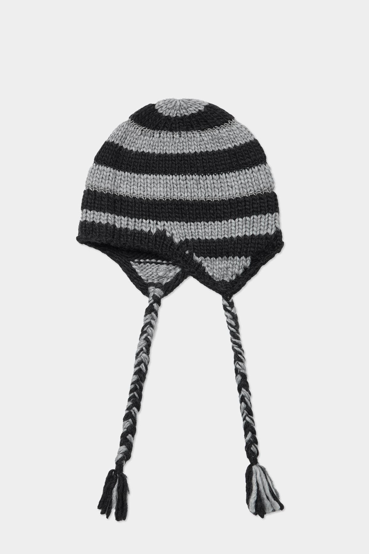 [INVITED] CROCHET STRIPE EAR FLAP BEANIE BLACK