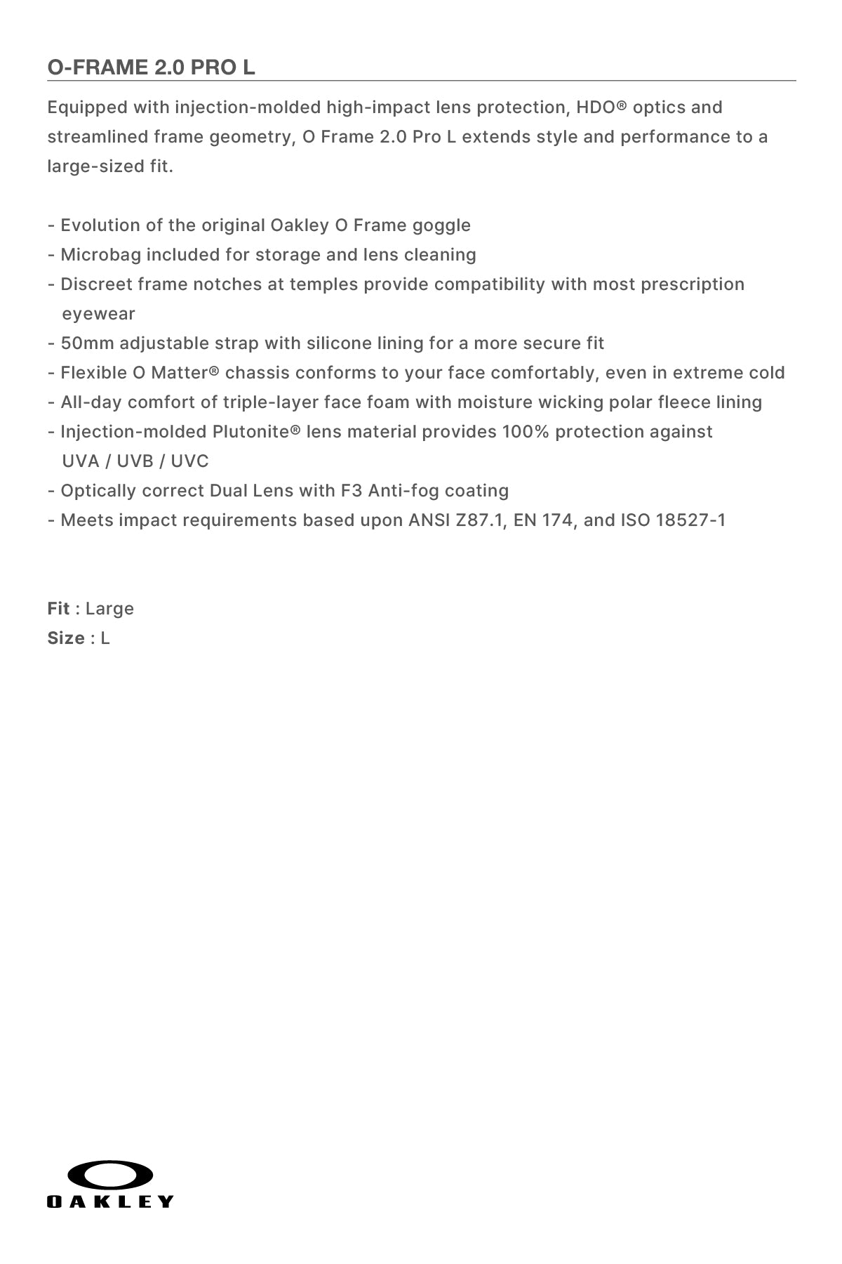 VERT ONE-SIZE [OAKLEY] O-FRAME 2.0 PRO L MT BLK W DARK GY