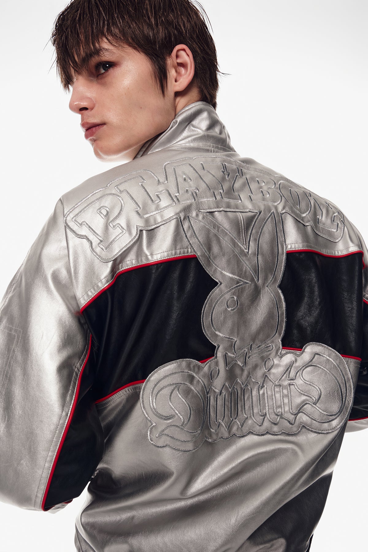 VERT [PLAYBOY x DIMITO] BLOCK FAUX LEATHER JACKET METAL GREY