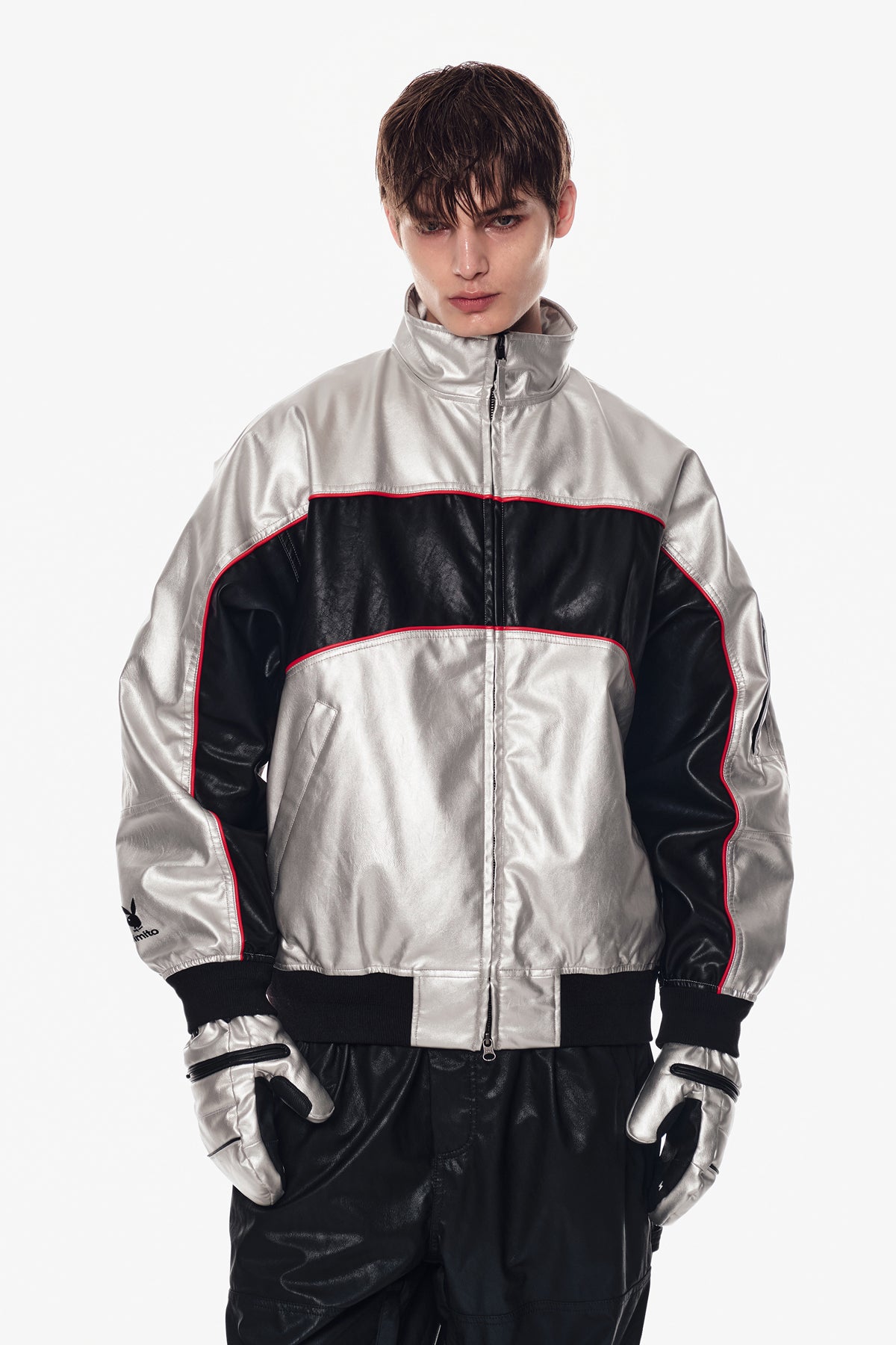 VERT [PLAYBOY x DIMITO] BLOCK FAUX LEATHER JACKET METAL GREY