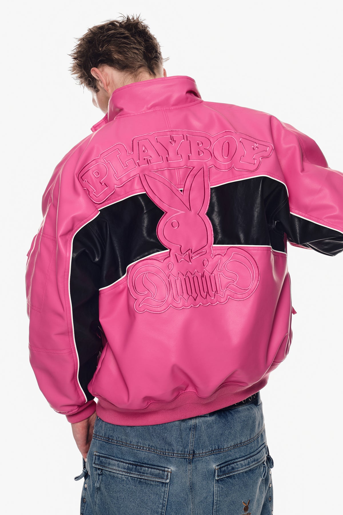 VERT [PLAYBOY x DIMITO] BLOCK FAUX LEATHER JACKET RUDE PINK