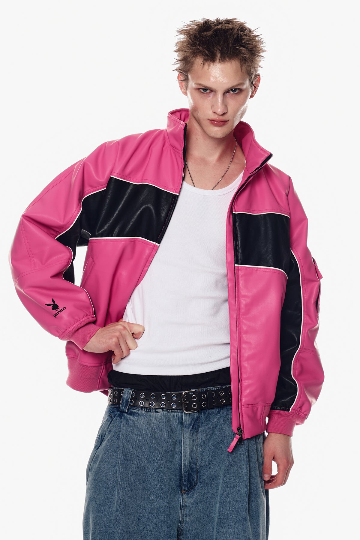 VERT [PLAYBOY x DIMITO] BLOCK FAUX LEATHER JACKET RUDE PINK