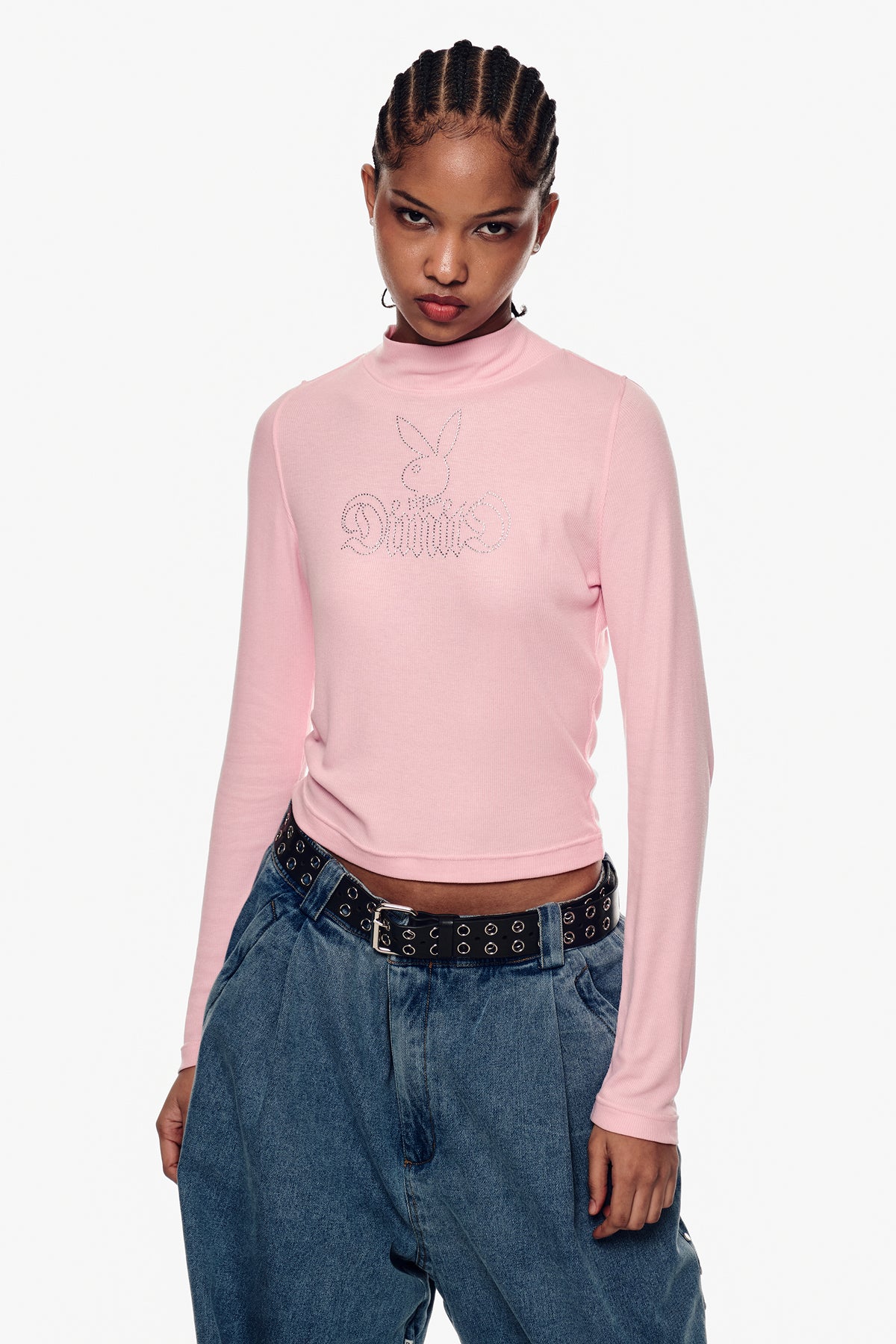 VERT [PLAYBOY x DIMITO] BUNNY CHARMSTONE NECK TOP BABY PINK